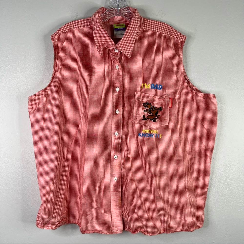 Scooby Doo Shirt Women's 26/28W Red White Plaid Button Down Sleeveless Cotton - Picture 3 of 13